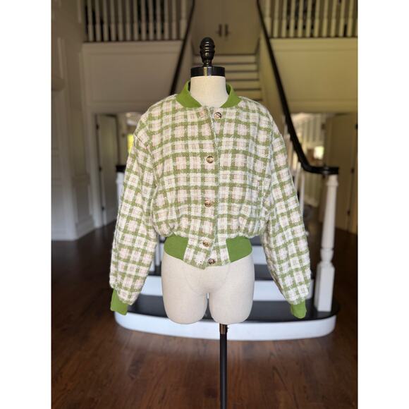 Green Plaid Boucle Bomber Jacket StreetStyle Casual School Fall Winter Spring - Picture 2 of 14